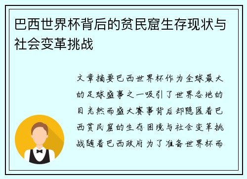 巴西世界杯背后的贫民窟生存现状与社会变革挑战